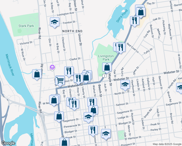 map of restaurants, bars, coffee shops, grocery stores, and more near 945 Union Street in Manchester