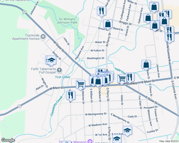 map of restaurants, bars, coffee shops, grocery stores, and more near 29 North William Street in Johnstown