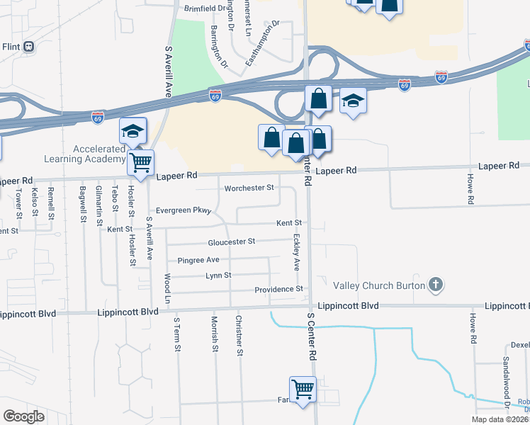 map of restaurants, bars, coffee shops, grocery stores, and more near 3807 Kent Street in Flint