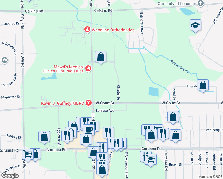 map of restaurants, bars, coffee shops, grocery stores, and more near 4444 West Court Street in Flint
