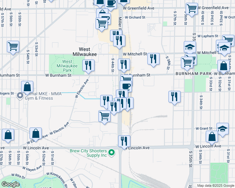 map of restaurants, bars, coffee shops, grocery stores, and more near 402 South 43rd Street in West Milwaukee