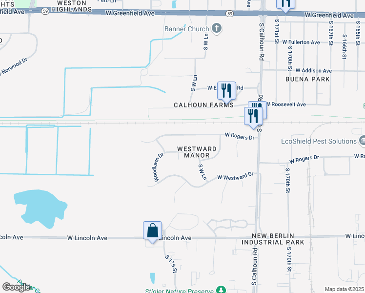 map of restaurants, bars, coffee shops, grocery stores, and more near 17732 West Elger Court in New Berlin