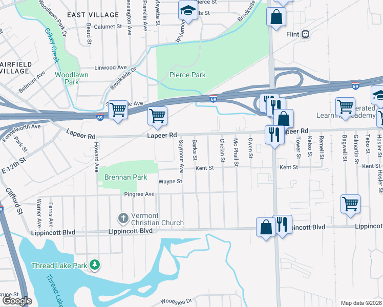 map of restaurants, bars, coffee shops, grocery stores, and more near 1842 Barks Street in Flint