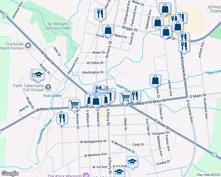 map of restaurants, bars, coffee shops, grocery stores, and more near 25 North Perry Street in Johnstown