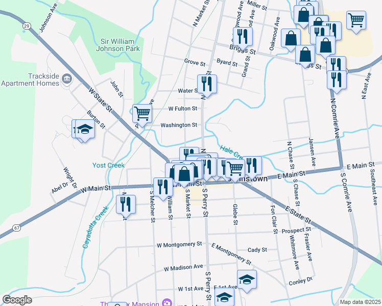 map of restaurants, bars, coffee shops, grocery stores, and more near 100 North Market Street in Johnstown