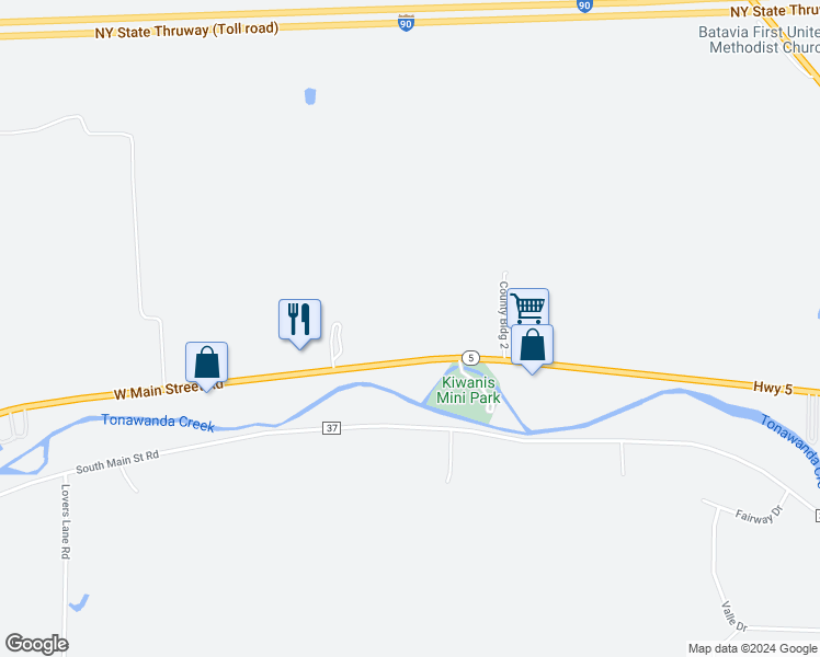 map of restaurants, bars, coffee shops, grocery stores, and more near 3773 West Main Street Road in Batavia