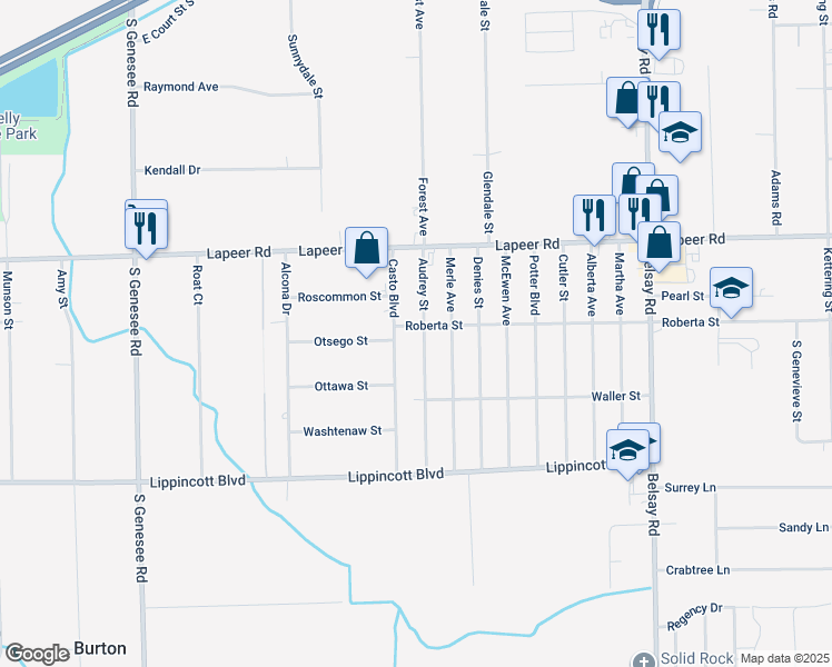 map of restaurants, bars, coffee shops, grocery stores, and more near 1392 Audrey Street in Burton