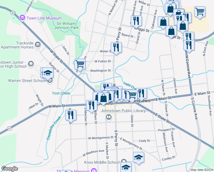 map of restaurants, bars, coffee shops, grocery stores, and more near 100 North Market Street in Johnstown