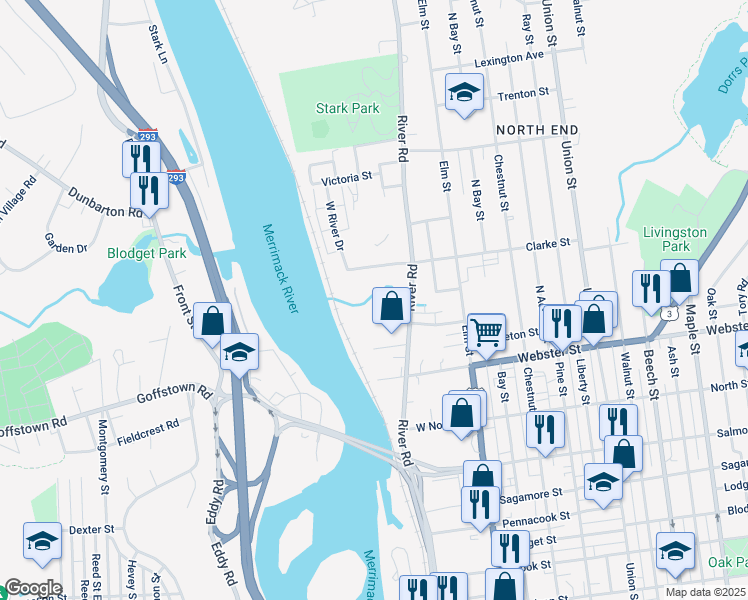 map of restaurants, bars, coffee shops, grocery stores, and more near 300 River Road in Manchester