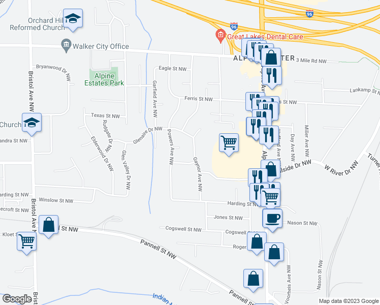 map of restaurants, bars, coffee shops, grocery stores, and more near 2443 Gaynor Avenue Northwest in Grand Rapids