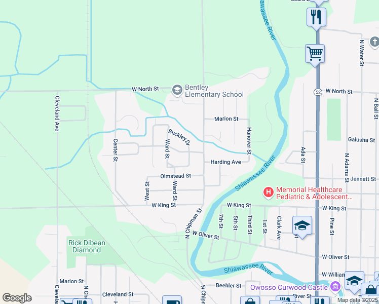 map of restaurants, bars, coffee shops, grocery stores, and more near 1100 Buckley Drive in Owosso