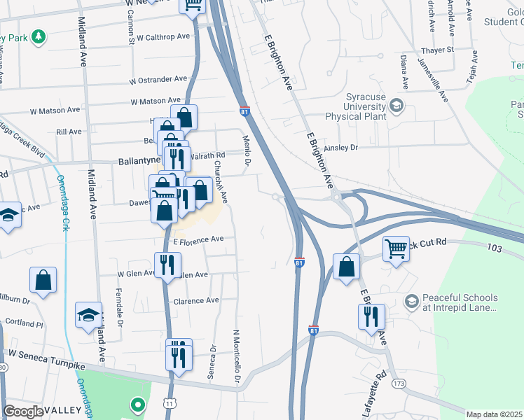 map of restaurants, bars, coffee shops, grocery stores, and more near 750 East Brighton Avenue in Syracuse