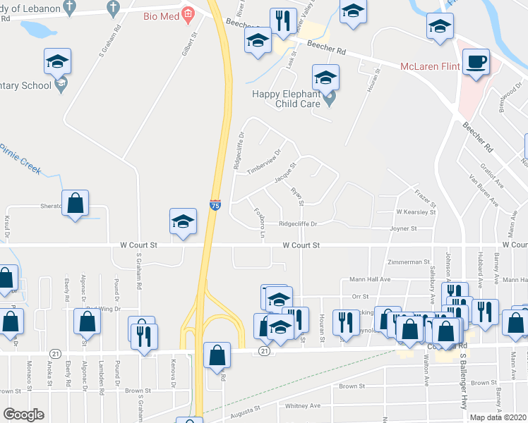 map of restaurants, bars, coffee shops, grocery stores, and more near 1413 Foxboro Lane in Flint