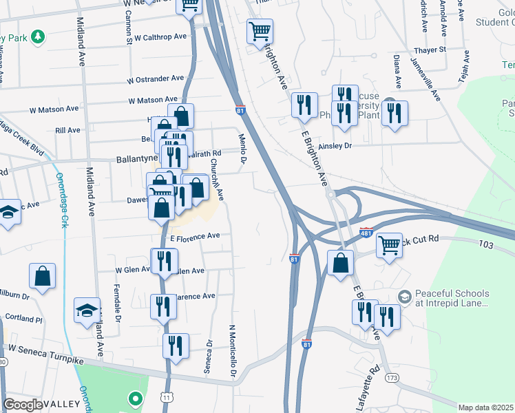 map of restaurants, bars, coffee shops, grocery stores, and more near 312 Fillmore Avenue in Syracuse