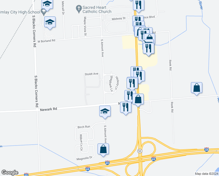 map of restaurants, bars, coffee shops, grocery stores, and more near 1924-1972 Hickory Lane in Imlay City