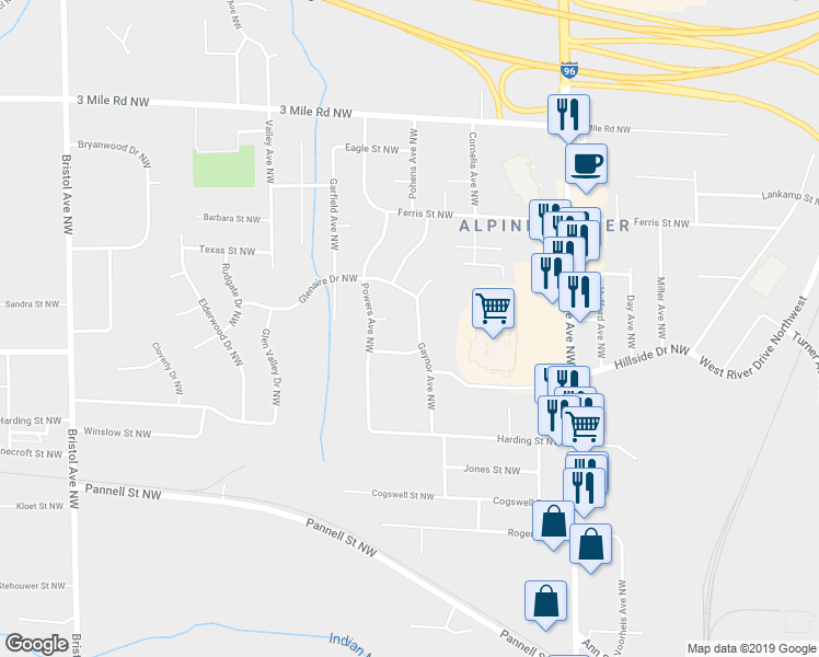 map of restaurants, bars, coffee shops, grocery stores, and more near 2429 Gaynor Avenue Northwest in Grand Rapids