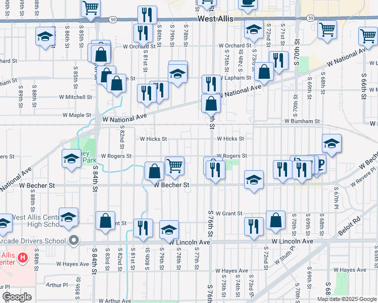 map of restaurants, bars, coffee shops, grocery stores, and more near 7727 West Rogers Street in West Allis