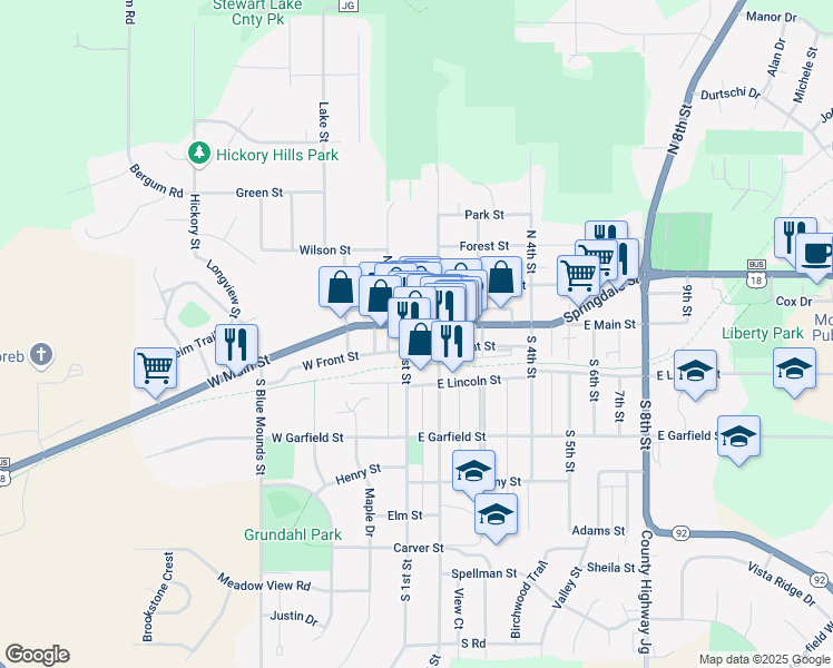 map of restaurants, bars, coffee shops, grocery stores, and more near in Mount Horeb