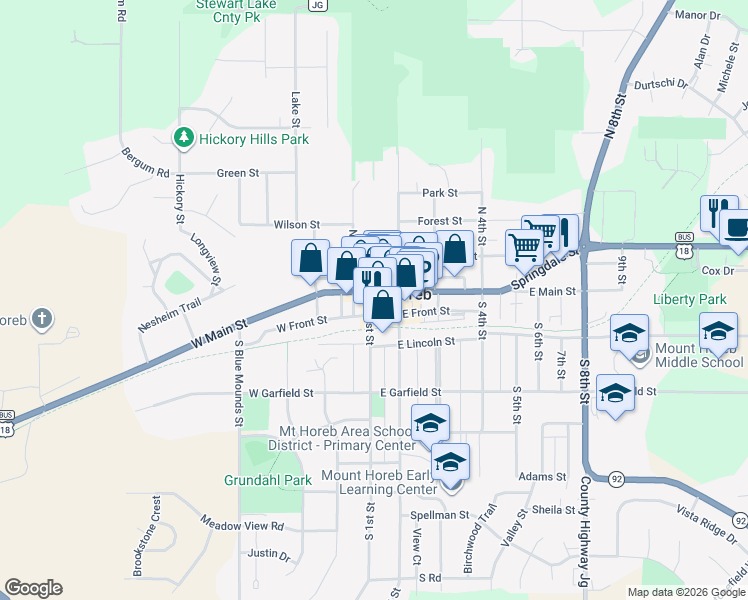 map of restaurants, bars, coffee shops, grocery stores, and more near in Mount Horeb