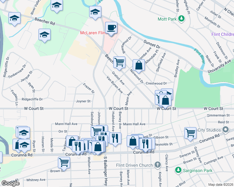 map of restaurants, bars, coffee shops, grocery stores, and more near 711 Hubbard Avenue in Flint