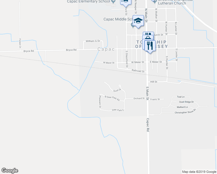 map of restaurants, bars, coffee shops, grocery stores, and more near 239 Quail Drive in Capac