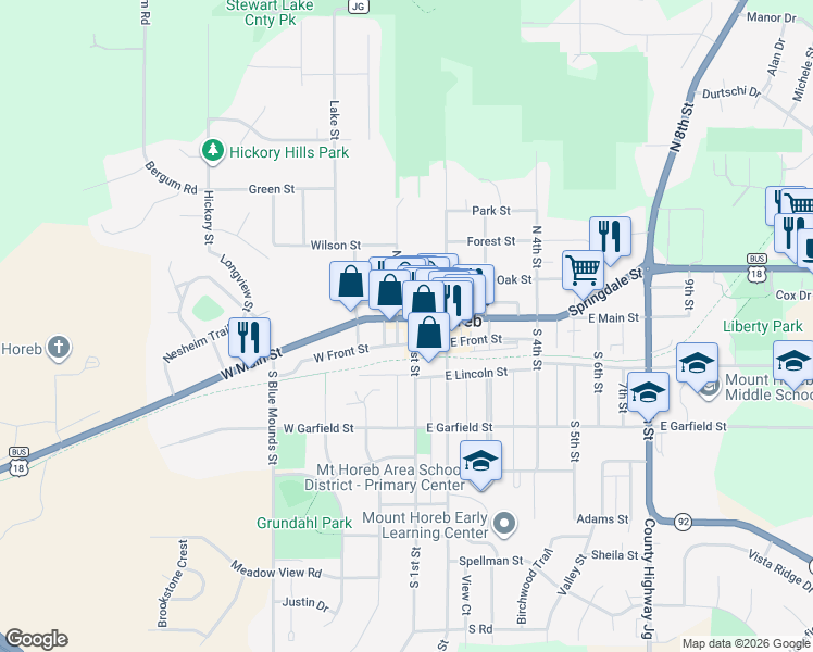 map of restaurants, bars, coffee shops, grocery stores, and more near 104 South Grove Street in Mount Horeb
