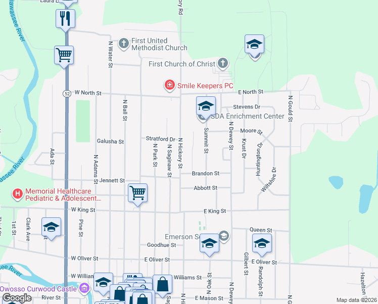 map of restaurants, bars, coffee shops, grocery stores, and more near 921 Dingwall Drive in Owosso
