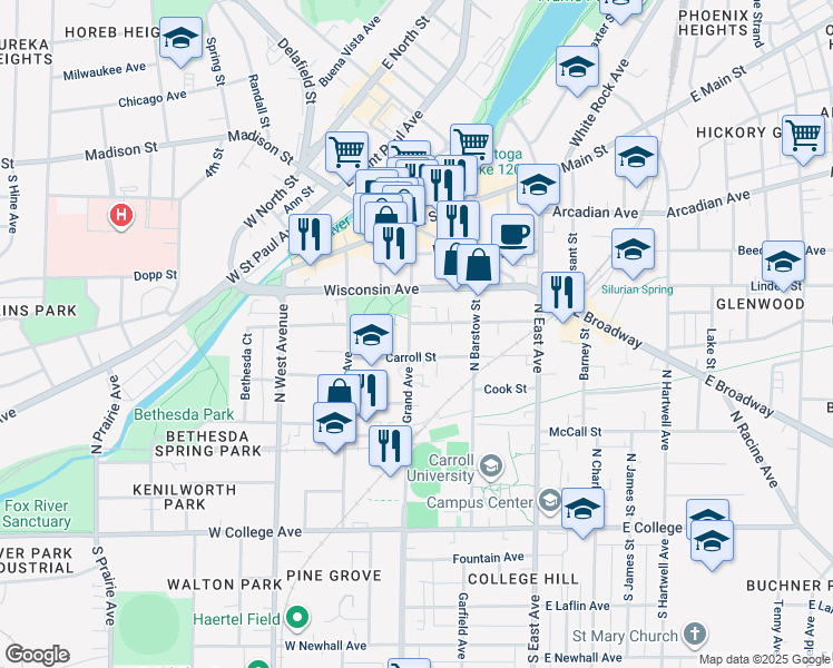 map of restaurants, bars, coffee shops, grocery stores, and more near 515 North Grand Avenue in Waukesha