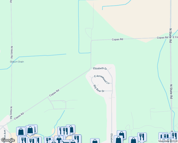 map of restaurants, bars, coffee shops, grocery stores, and more near 1835 East Arrowhead Lane in Owosso
