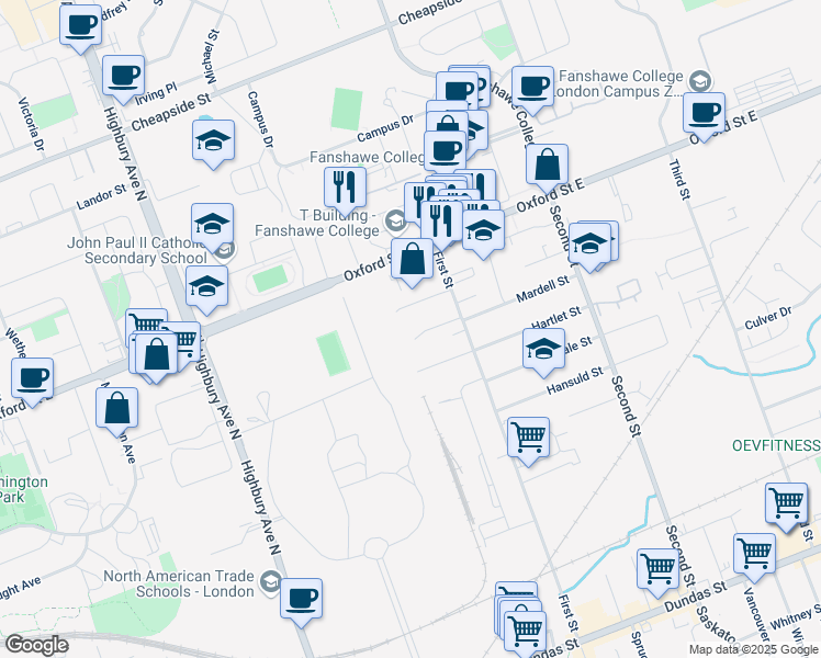map of restaurants, bars, coffee shops, grocery stores, and more near 1500 Mardell Place in London