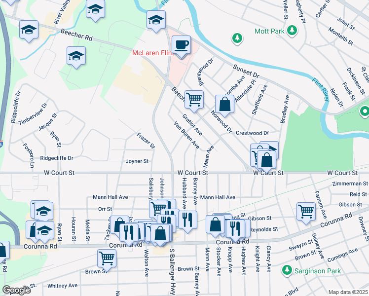 map of restaurants, bars, coffee shops, grocery stores, and more near 718 Hubbard Avenue in Flint