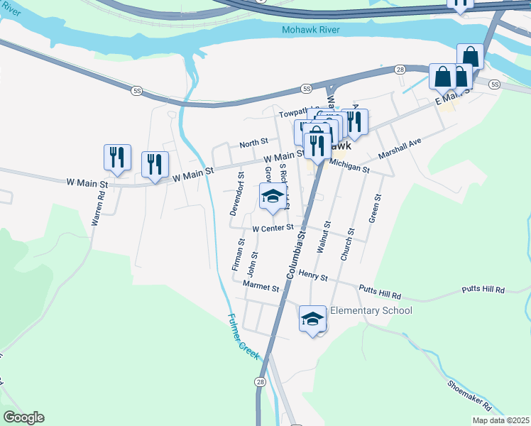 map of restaurants, bars, coffee shops, grocery stores, and more near 28 Grove Street in Mohawk