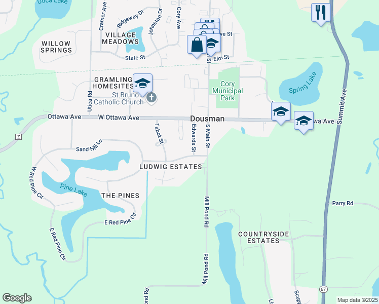 map of restaurants, bars, coffee shops, grocery stores, and more near 143 Ludwig Avenue in Dousman