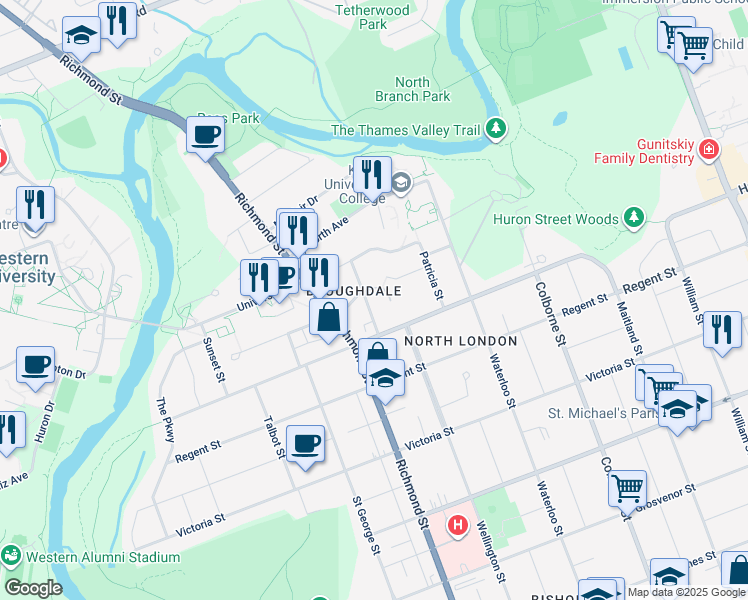 map of restaurants, bars, coffee shops, grocery stores, and more near 1042 Brough Street in London