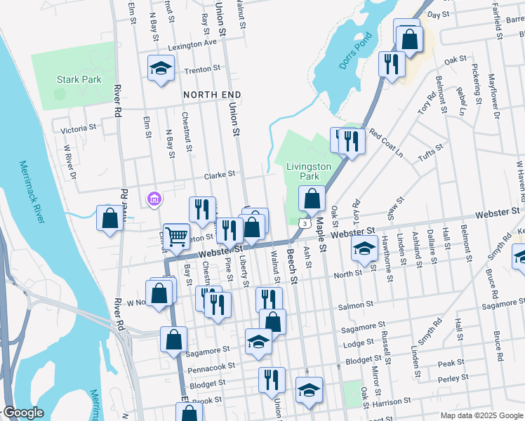 map of restaurants, bars, coffee shops, grocery stores, and more near 945 Union Street in Manchester
