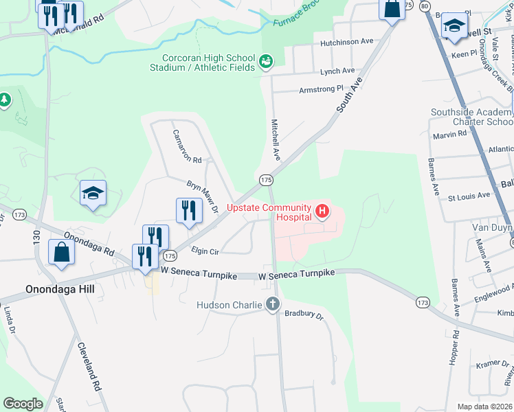 map of restaurants, bars, coffee shops, grocery stores, and more near 4999 Elgin Drive in Syracuse