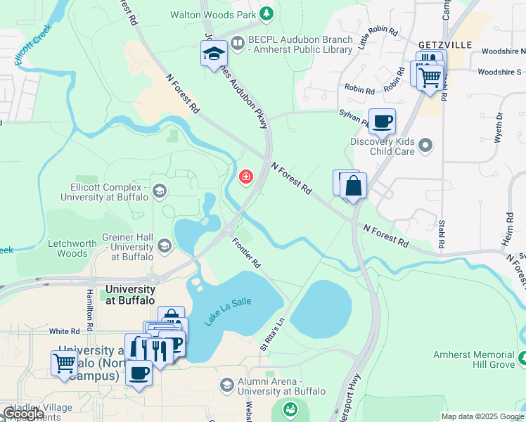 map of restaurants, bars, coffee shops, grocery stores, and more near 2402 North Forest Road in Getzville