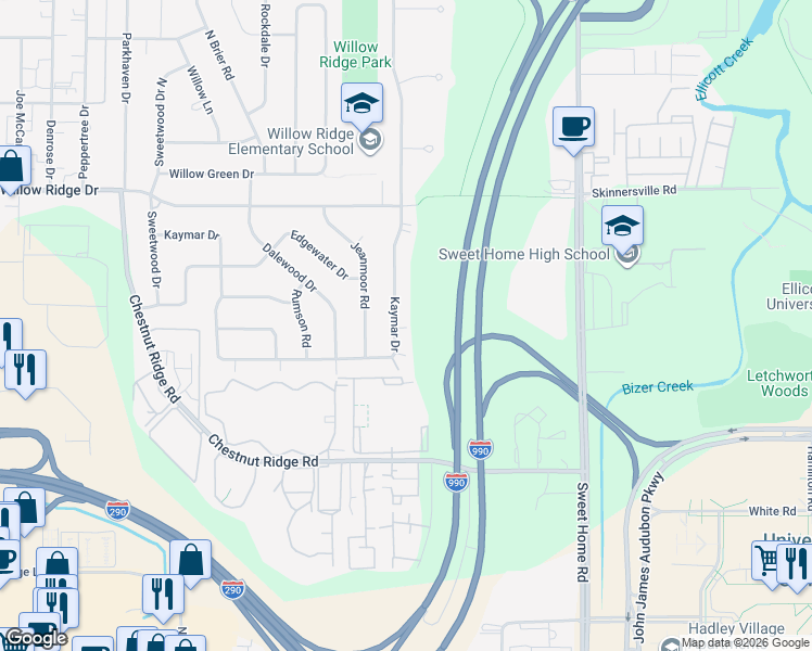 map of restaurants, bars, coffee shops, grocery stores, and more near 365 Kaymar Drive in Buffalo