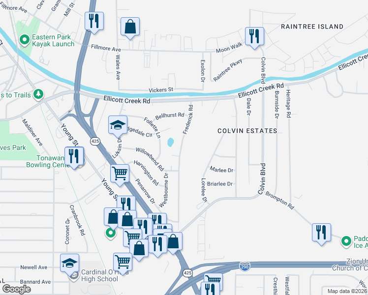 map of restaurants, bars, coffee shops, grocery stores, and more near 91 Frederick Road in Tonawanda