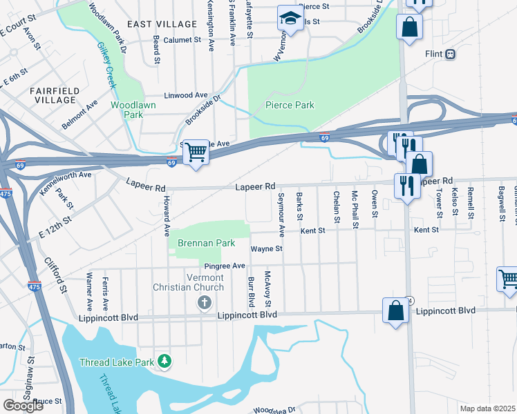 map of restaurants, bars, coffee shops, grocery stores, and more near 1513 Kent Street in Flint
