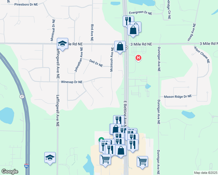 map of restaurants, bars, coffee shops, grocery stores, and more near 2525 McIntosh Avenue Northeast in Grand Rapids charter Township