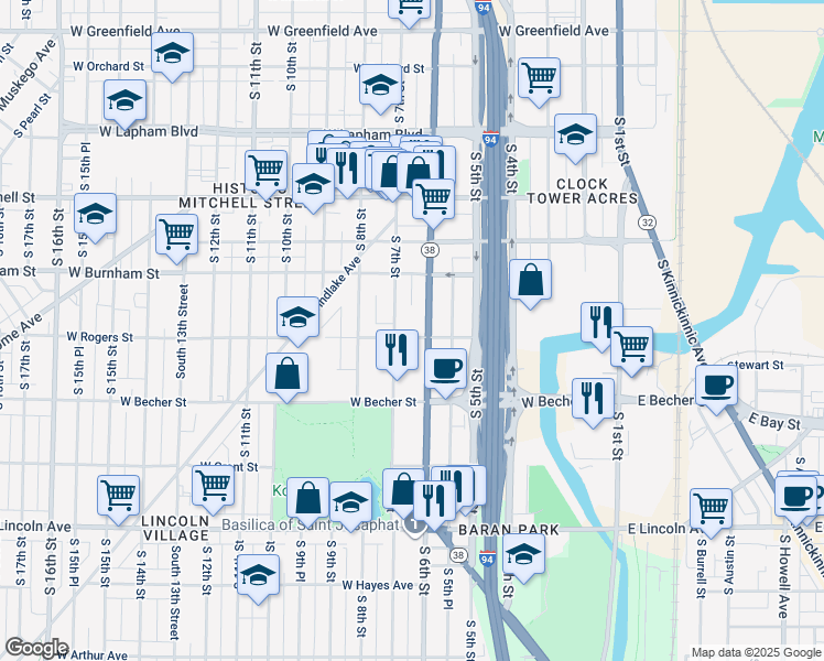 map of restaurants, bars, coffee shops, grocery stores, and more near 2014 South 7th Street in Milwaukee