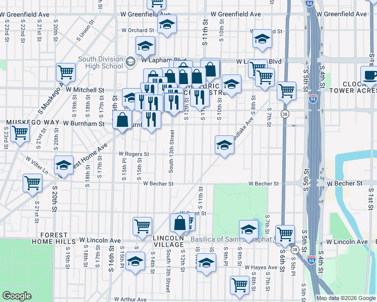 map of restaurants, bars, coffee shops, grocery stores, and more near 2008 South 12th Street in Milwaukee