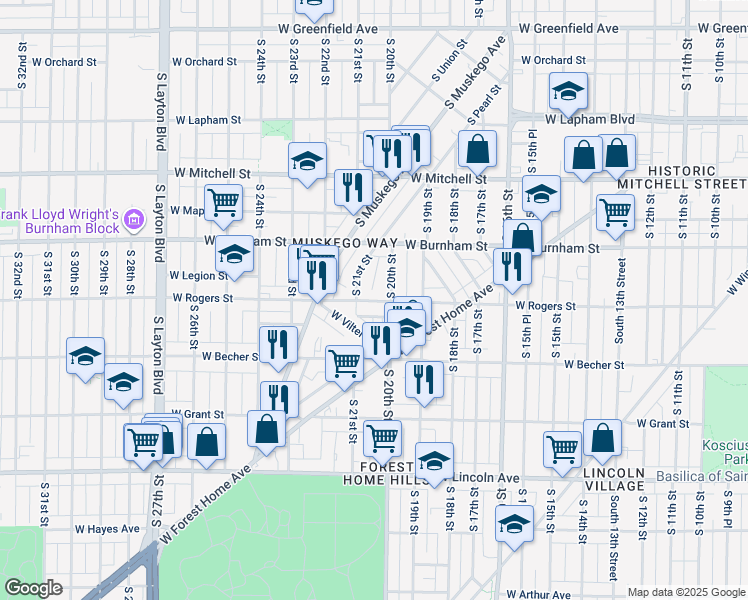 map of restaurants, bars, coffee shops, grocery stores, and more near 2018 South 21st Street in Milwaukee