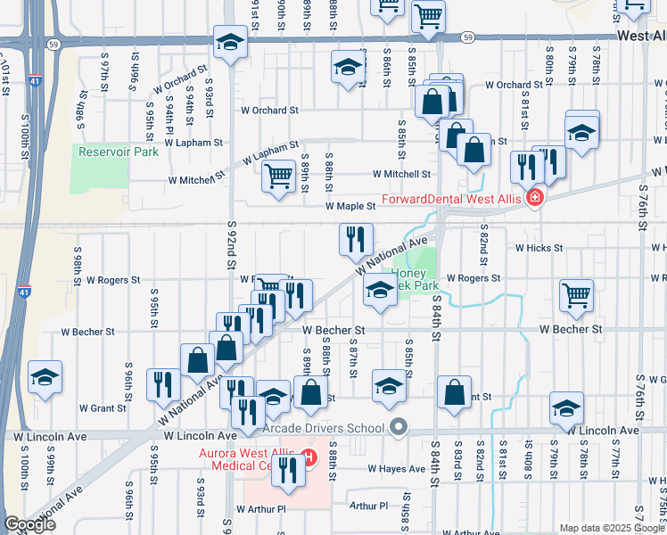 map of restaurants, bars, coffee shops, grocery stores, and more near 8707 West National Avenue in West Allis