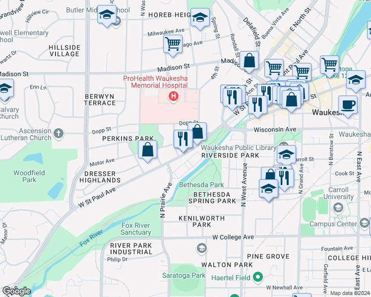 map of restaurants, bars, coffee shops, grocery stores, and more near 744 West Saint Paul Avenue in Waukesha