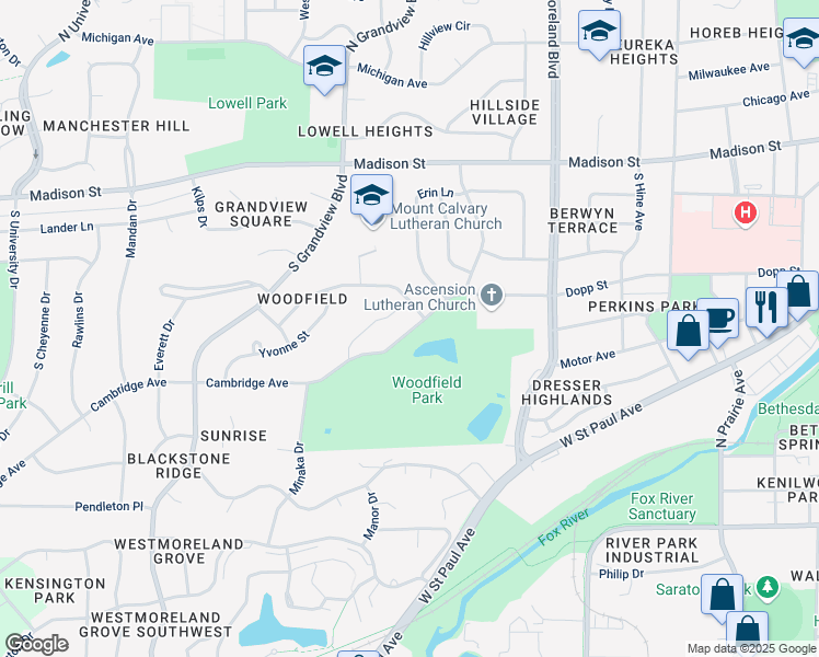 map of restaurants, bars, coffee shops, grocery stores, and more near 120 Cambridge Avenue in Waukesha