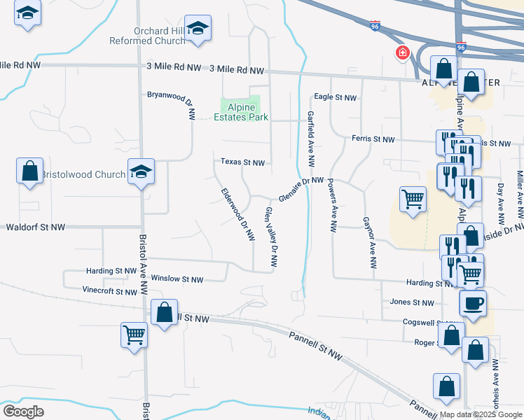 map of restaurants, bars, coffee shops, grocery stores, and more near 2461 Glen Valley Drive Northwest in Grand Rapids