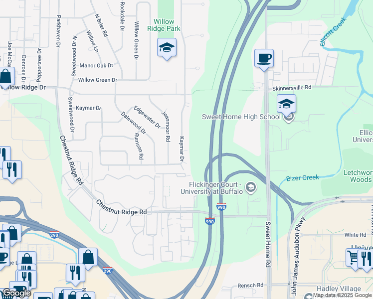 map of restaurants, bars, coffee shops, grocery stores, and more near 365 Kaymar Drive in Buffalo