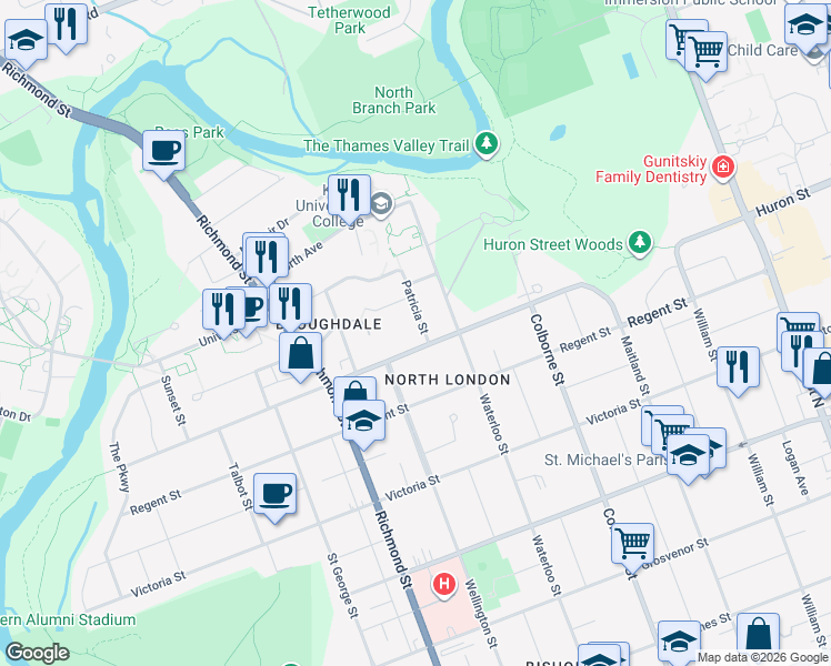 map of restaurants, bars, coffee shops, grocery stores, and more near 1031 Patricia Street in London